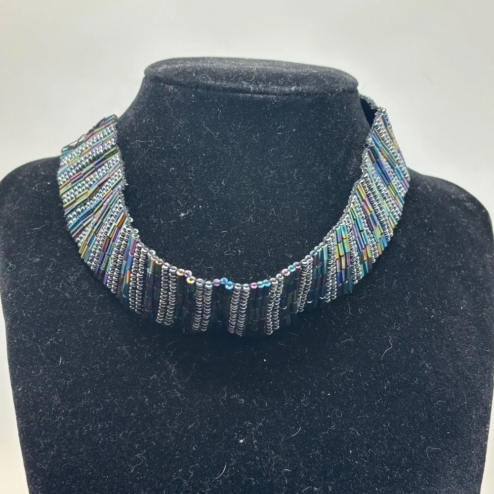 Vintage Aurora‎ Borealis Bugle Bead Choker Necklace Iridescent Rainbow AB Glass